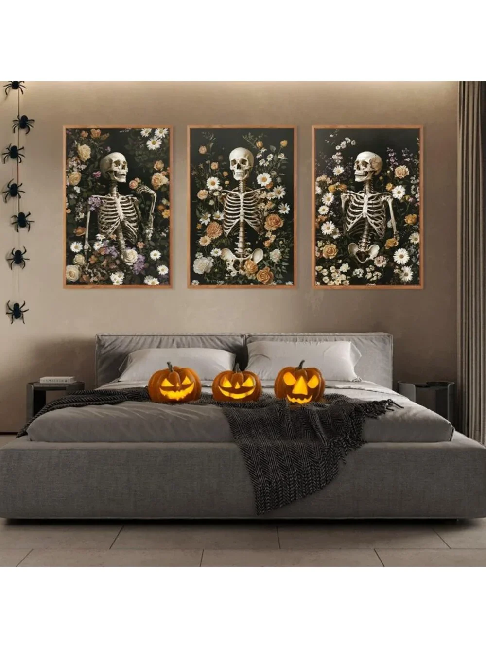 Large 16x24 Halloween Skeleton Canvas Art - Vintage Skull & Floral Wall Decor